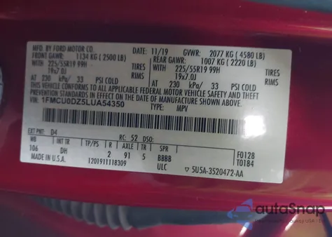 2020 Ford Escape Titanium Hybrid from USA, damaged, VIN 1FMCU0DZ5LUA54350